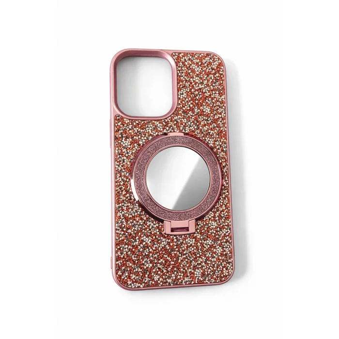 İphone 14 ile Uyumlu Stantlı Aynalı İnce Taşlı Şık Telefon Kılıfı