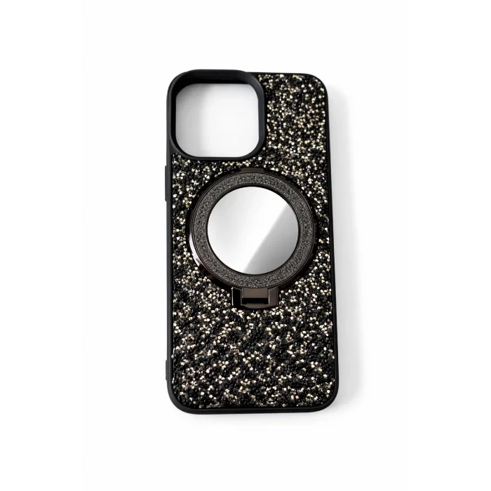 İphone 15 Pro Max ile Uyumlu Stantlı Aynalı İnce Taşlı Şık Telefon Kılıfı