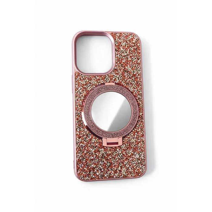 İphone 15 Pro Max ile Uyumlu Stantlı Aynalı İnce Taşlı Şık Telefon Kılıfı