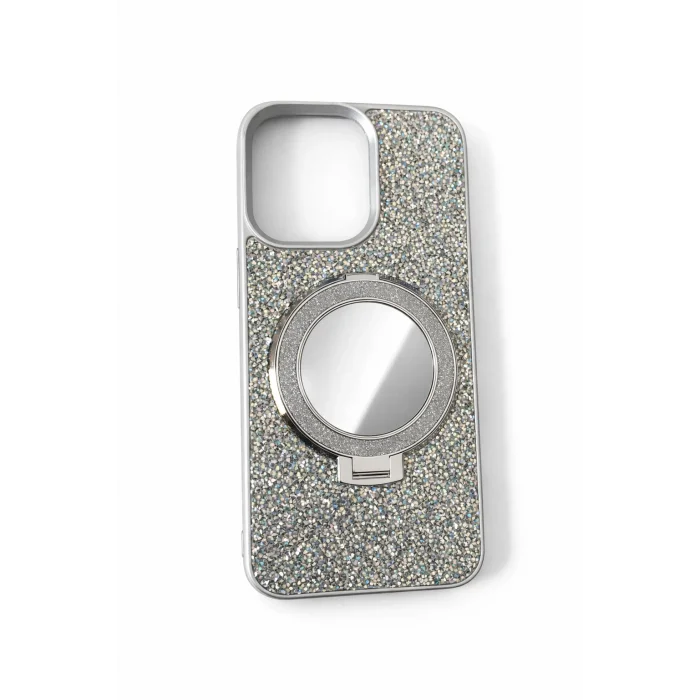 İphone 15 Pro Max ile Uyumlu Stantlı Aynalı İnce Taşlı Şık Telefon Kılıfı