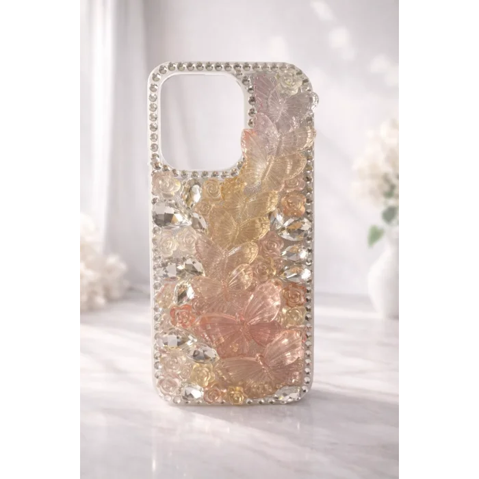 İphone 15 Pro Max ile Uyumlu Kelebek Taşlı Zarif Blur Case