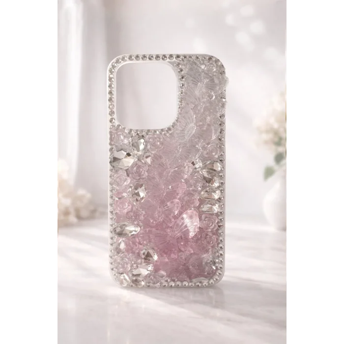 İphone 14 Pro Max ile Uyumlu Kelebek Taşlı Zarif Blur Case