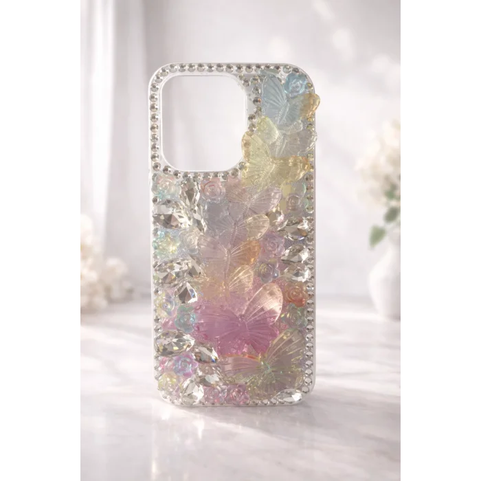 İphone 15 Pro ile Uyumlu Kelebek Taşlı Zarif Blur Case