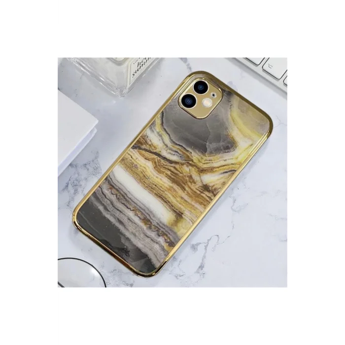 İphone 11 Marble Parlak Mermer Desenli Cam Kare Telefon Kılıfı