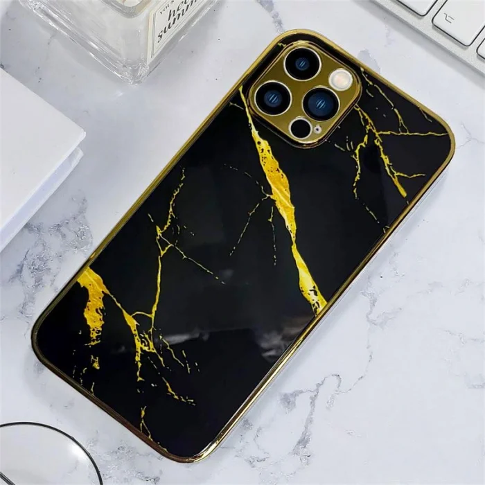 İphone 12 Pro Max Marble Parlak Mermer Desenli Cam Telefon Kılıfı