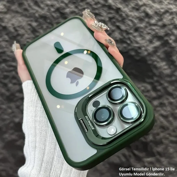 iPhone 12 Uyumlu Kılıf Klon Stantlı + Lens Korumalı MagSafe Telefon Kılıfı