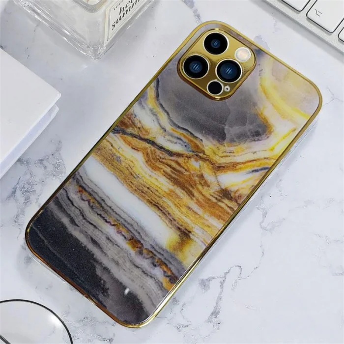 İphone 13 Pro Max Marble Parlak Mermer Desenli Cam Telefon Kılıfı