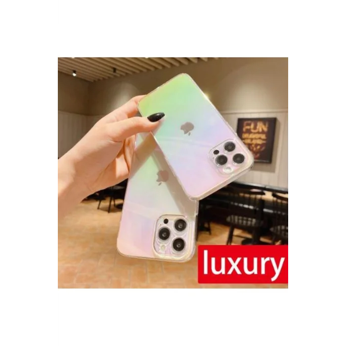 iPhone 13 Pro Max Parlak Rainbow Holografik Kamera Korumalı Sert Kılıf