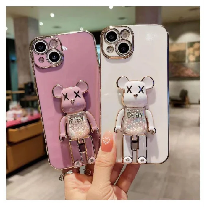 İphone 14 Glossy Yumuşak Ayıcıklı Boncuklu Stantlı Telefon Kılıfı