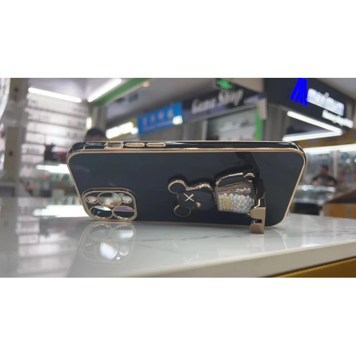 İphone 14 Plus Glossy Yumuşak Ayıcıklı Boncuklu Stantlı Telefon Kılıfı