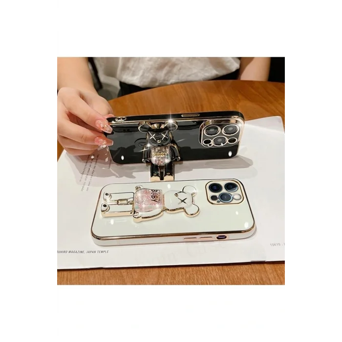 İphone 14 Plus Glossy Yumuşak Ayıcıklı Boncuklu Stantlı Telefon Kılıfı