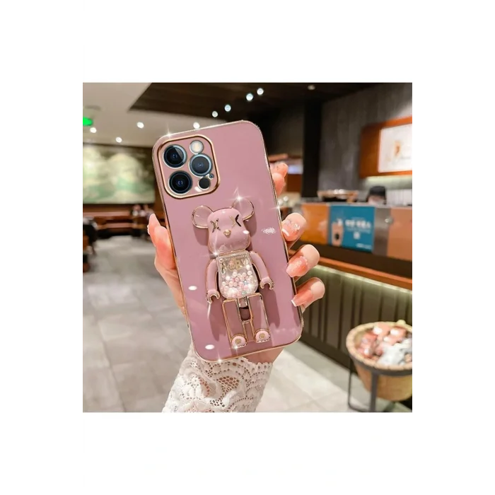İphone 14 Pro Glossy Yumuşak Ayıcıklı Boncuklu Stantlı Telefon Kılıfı