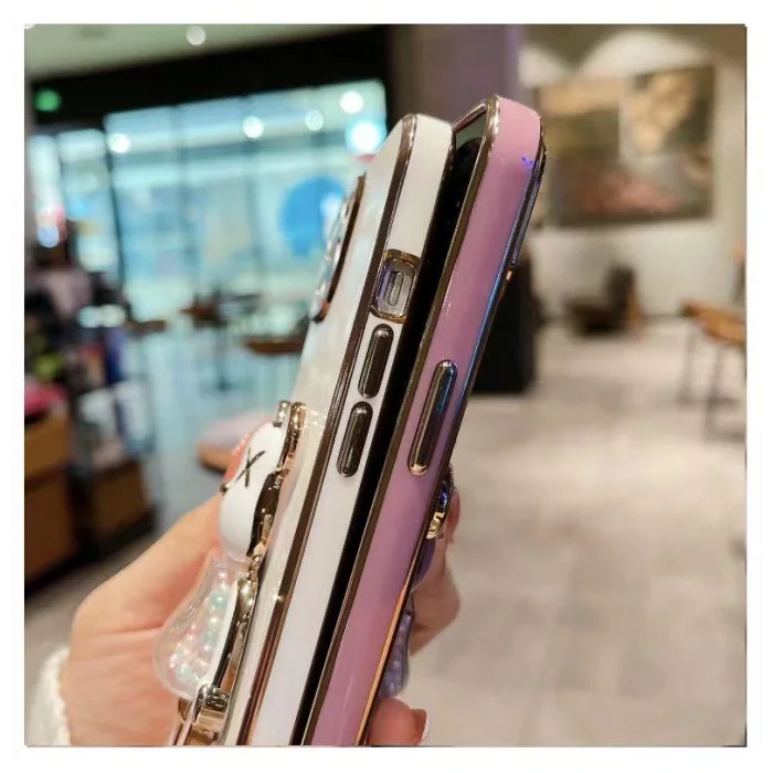 İphone 14 Pro Glossy Yumuşak Ayıcıklı Boncuklu Stantlı Telefon Kılıfı