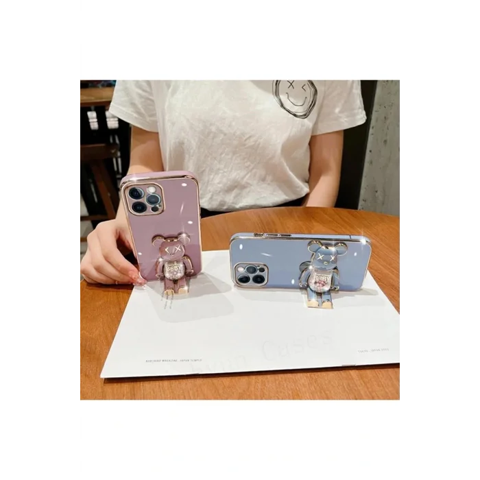İphone 14 Pro Glossy Yumuşak Ayıcıklı Boncuklu Stantlı Telefon Kılıfı