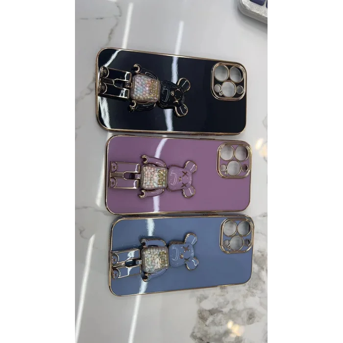 İphone 14 Pro Max Glossy Yumuşak Ayıcıklı Boncuklu Stantlı Telefon Kılıfı