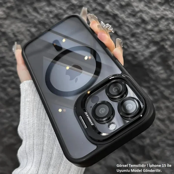 iPhone 15 Plus Uyumlu Kılıf Klon Stantlı + Lens Korumalı MagSafe Telefon Kılıfı