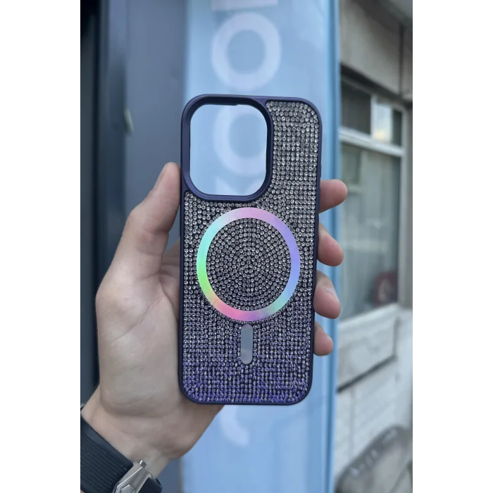 İphone 15 Pro Kılıf Diamont MagSafe Hologramlı Telefon Kılıfı