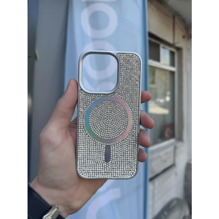 İphone 15 Pro Max Kılıf Diamont MagSafe Hologramlı Telefon Kılıfı