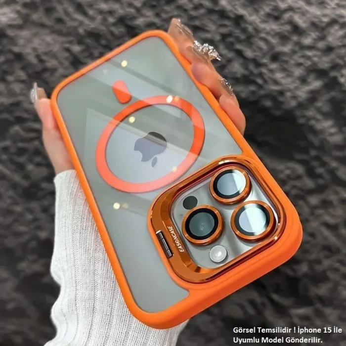 iPhone 15 Pro Uyumlu Kılıf Klon Stantlı + Lens Korumalı MagSafe Telefon Kılıfı