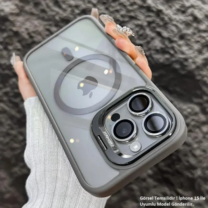iPhone 15 Pro Uyumlu Kılıf Klon Stantlı + Lens Korumalı MagSafe Telefon Kılıfı