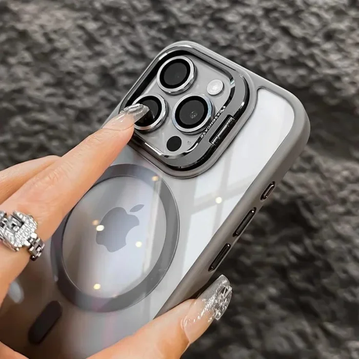 iPhone 15 Pro Uyumlu Kılıf Klon Stantlı + Lens Korumalı MagSafe Telefon Kılıfı