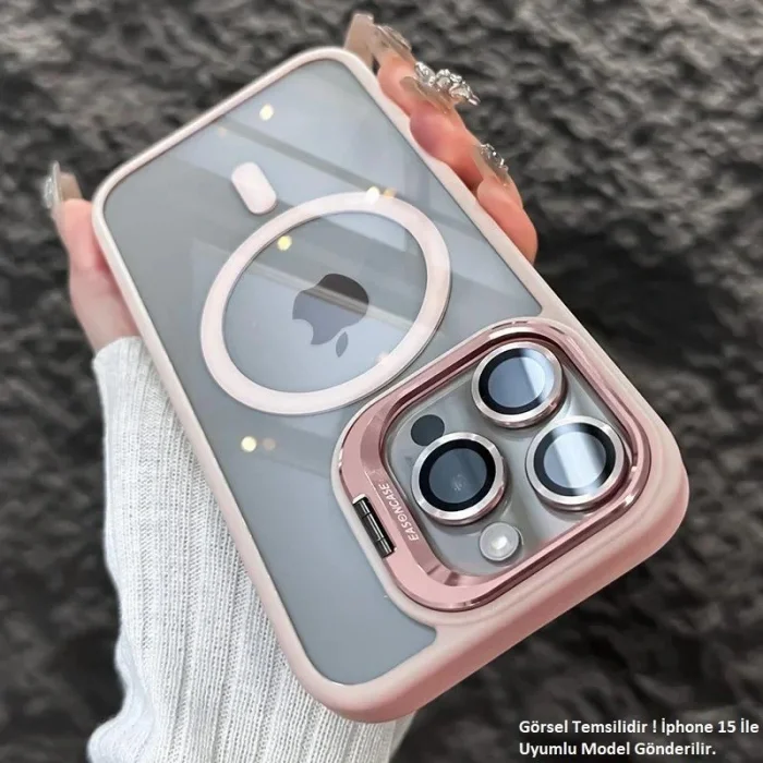 iPhone 15 Uyumlu Kılıf Klon Stantlı + Lens Korumalı MagSafe Telefon Kılıfı