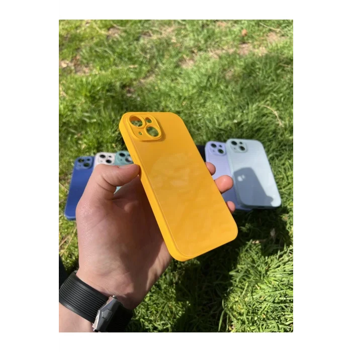 İphone 15 Uyumlu Parlak Premium Renkli Cam Telefon Kılıfı