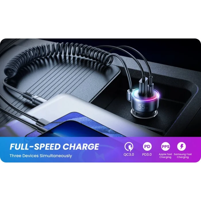 Joyroom 60W 3 lü sarmal Typ c Araç şarj