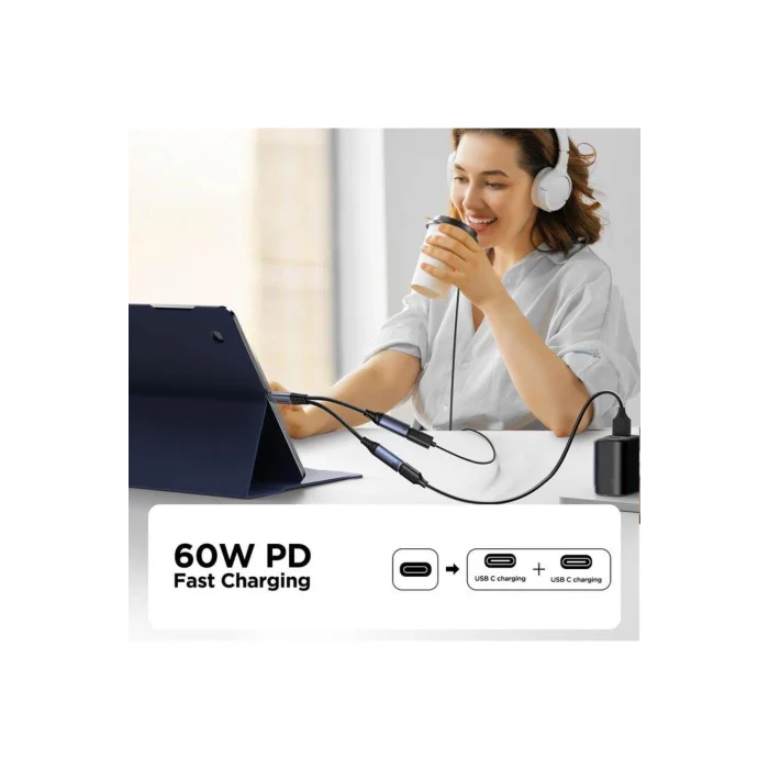 Joyroom Audio Adaptör 2in1 (Type-C to Dual Type-C)-Siyah