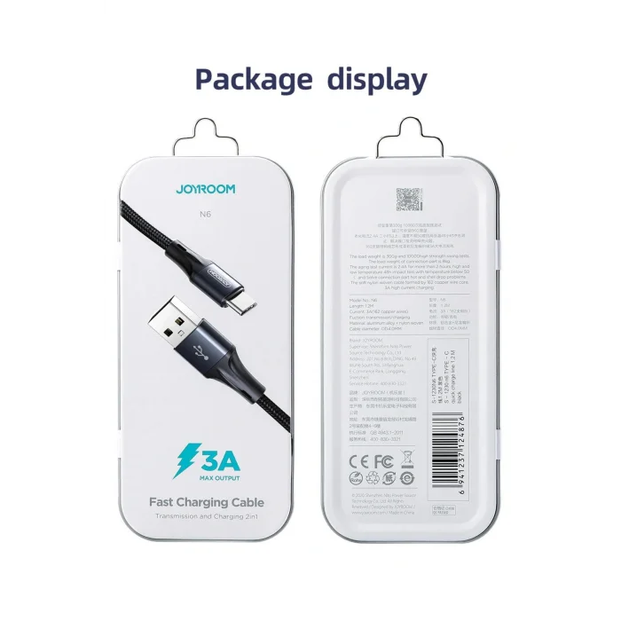 Joyroom S-1230N6 iPhone Lightning Hızlı Şarj ve Data Kablosu Örgü 3A 1.2M Siyah