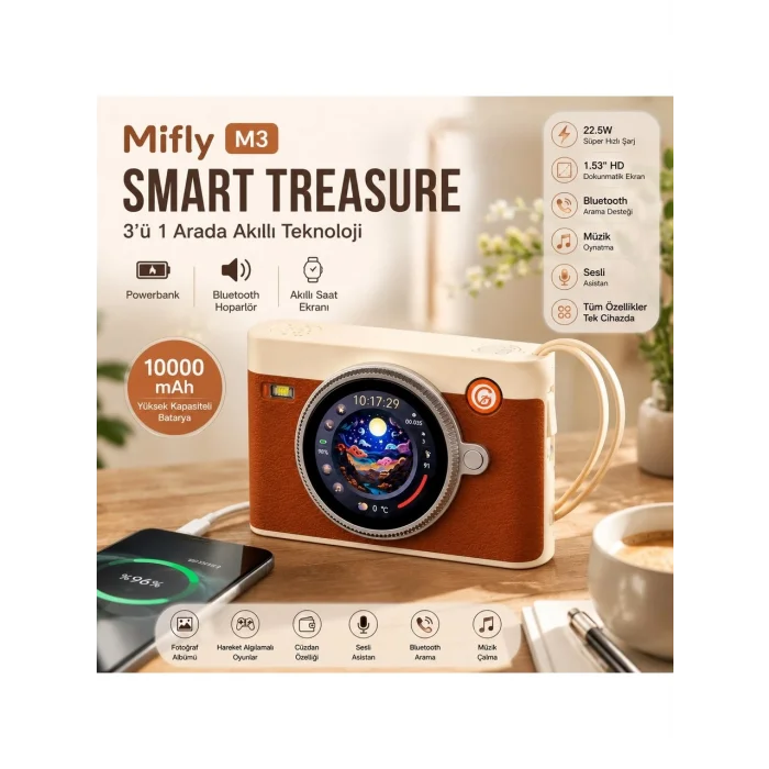 Mifly 10000 Mah 22.5W Hızlı Şarjlı Powerbank Bluetooth Hoparlör 1.53’’ Dokunmatik Akıllı Ekranlı Taşınabilir Şarj Aleti