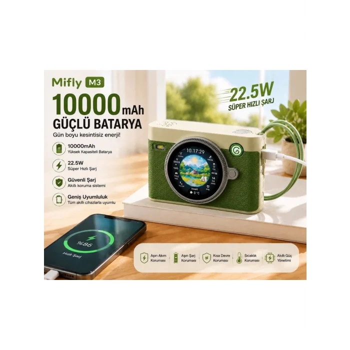 Mifly 10000 Mah 22.5W Hızlı Şarjlı Powerbank Bluetooth Hoparlör 1.53’’ Dokunmatik Akıllı Ekranlı Taşınabilir Şarj Aleti