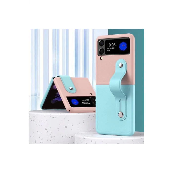 Samsung Galaxy Z Flip 3 Katlanır 2 Renkli Parmak Tutuculu Deri+Silikon Kılıf