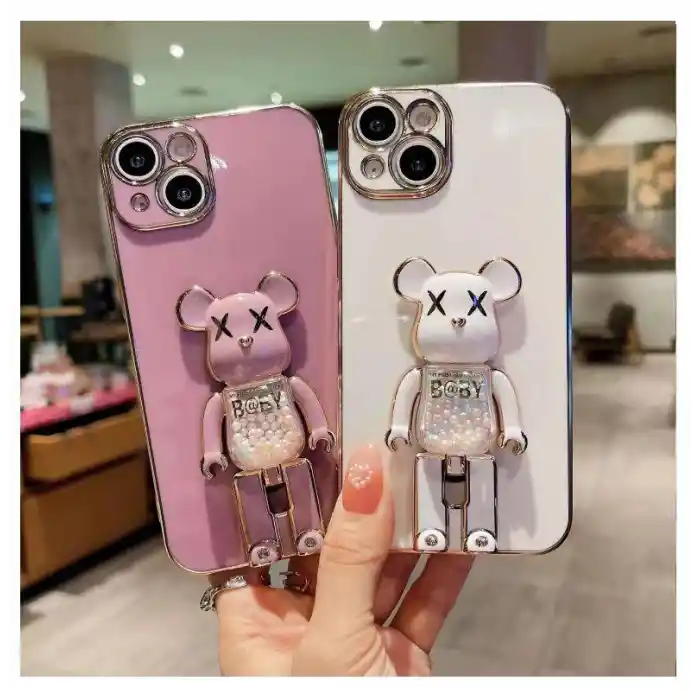 İphone 14 Glossy Yumuşak Ayıcıklı Boncuklu Stantlı Kapak