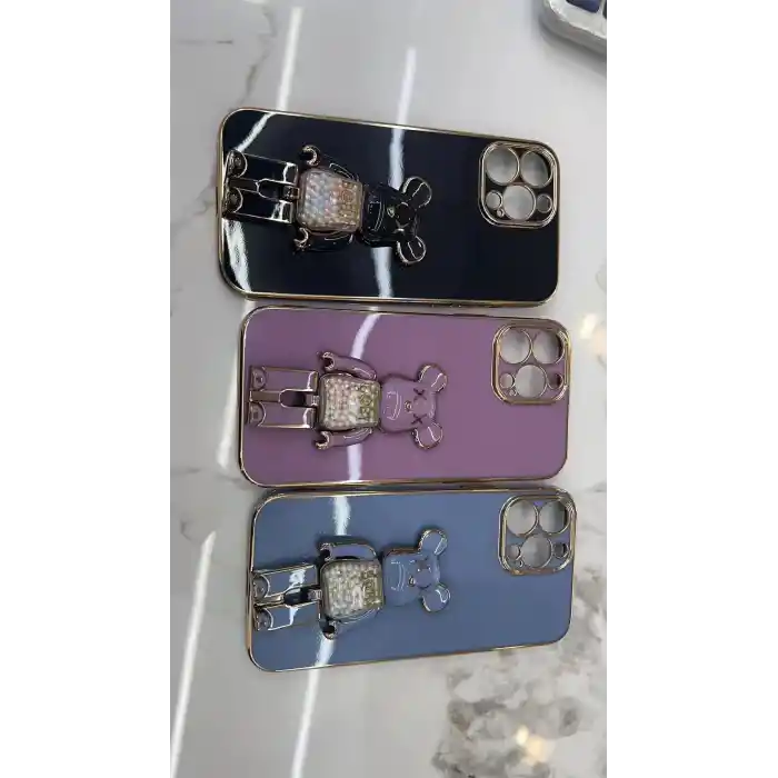 İphone 14 Pro Max Glossy Yumuşak Ayıcıklı Boncuklu Stantlı Kapak