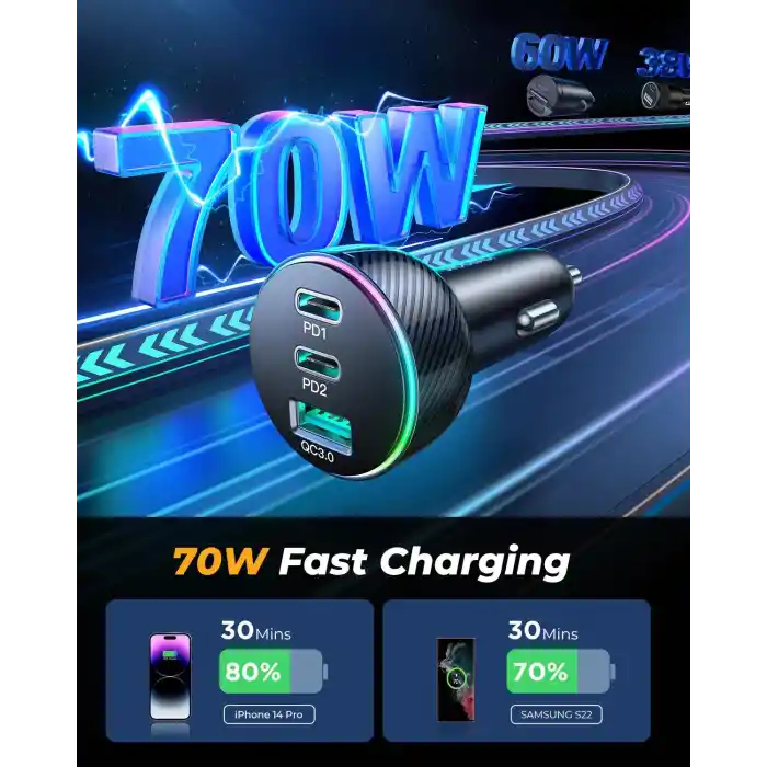 Joyroom 70W 3 Baglantı Noktalı Port Araç Şarj Çakmaklık Girişi