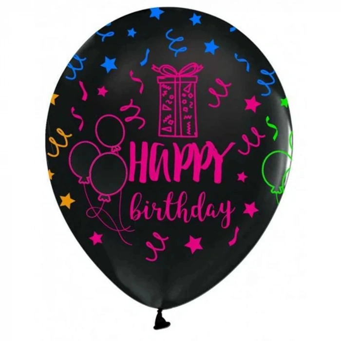 Balonevi Çepeçevre Floresan Happy Birthday Siyah Balon 100 Lü