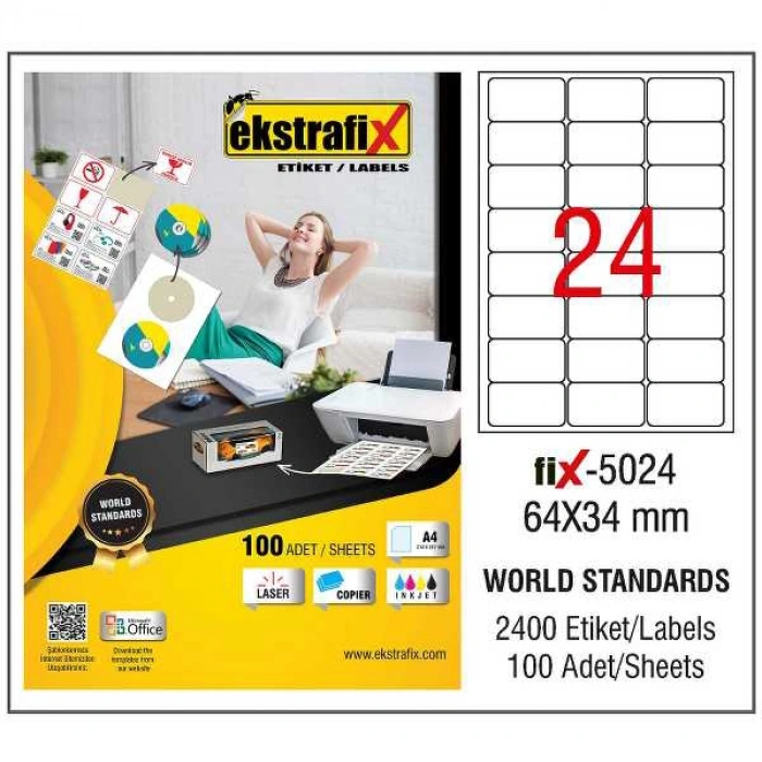 Ekstrafix Laser Etiket 100 YP 64x34 Laser-Copy-Inkjet FİX-5024