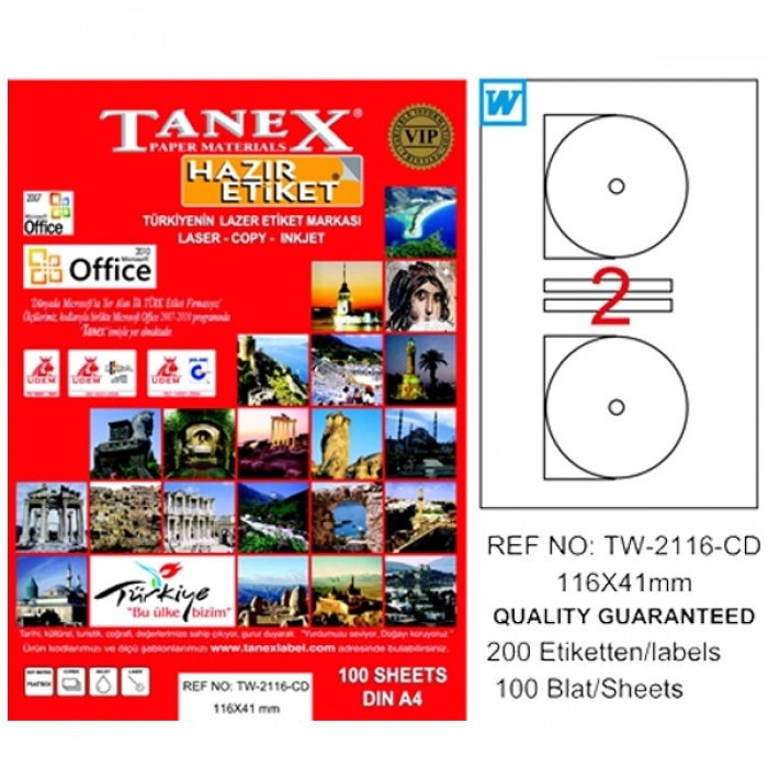 Tanex Cd Etiketi Laser-Copy-Inkjet 100 YP 116x41 MM TW-2116