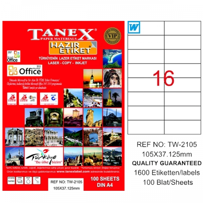 Tanex Laser Etiket 100 YP 105x37 Laser-Copy-Inkjet TW-2105