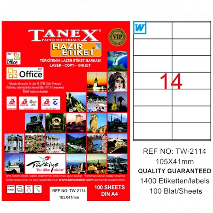 Tanex Laser Etiket 100 YP 105x41 Laser-Copy-Inkjet TW-2114