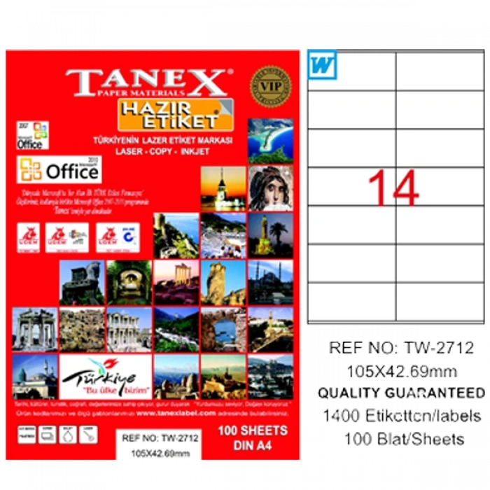 Tanex Laser Etiket 100 YP 105x42.69 Laser-Copy-Inkjet TW-2712