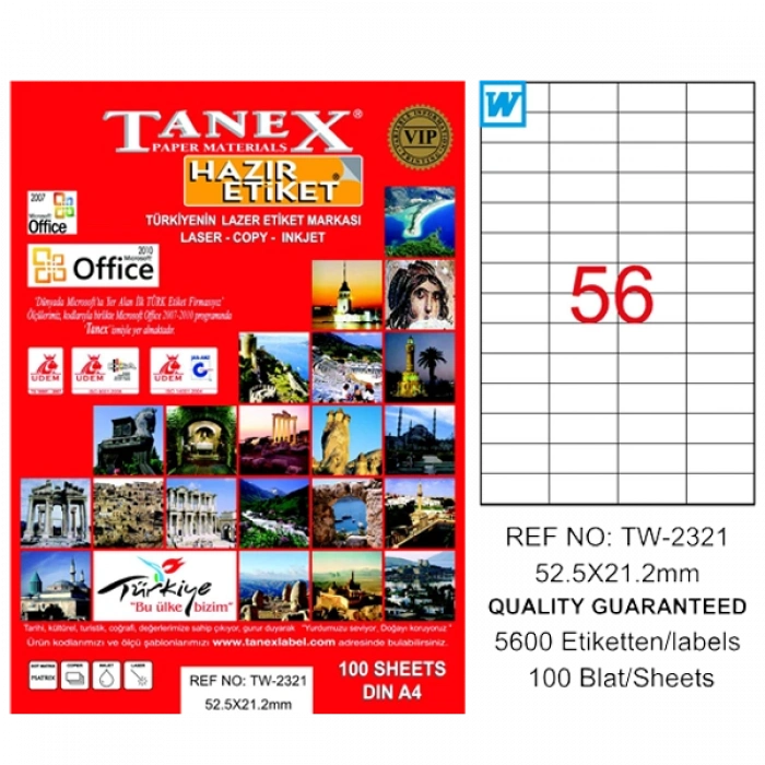 Tanex Laser Etiket 100 YP 52x21 Laser-Copy-Inkjet TW-2321
