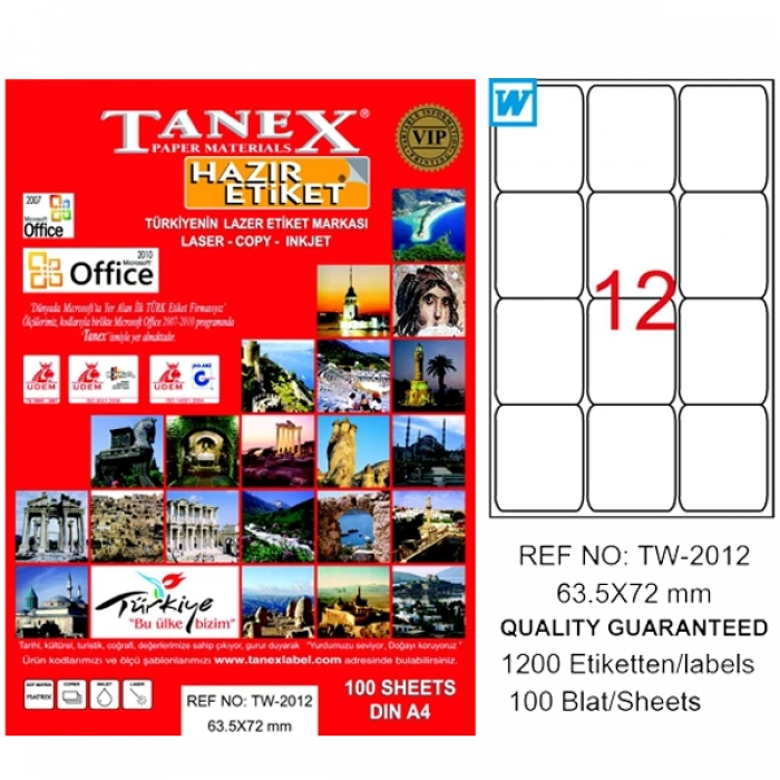 Tanex Laser Etiket 100 YP 63x72 Laser-Copy-Inkjet TW-2012