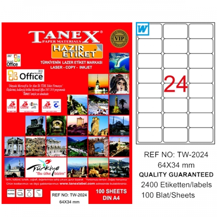 Tanex Laser Etiket 100 YP 64x34 Laser-Copy-Inkjet TW-2024