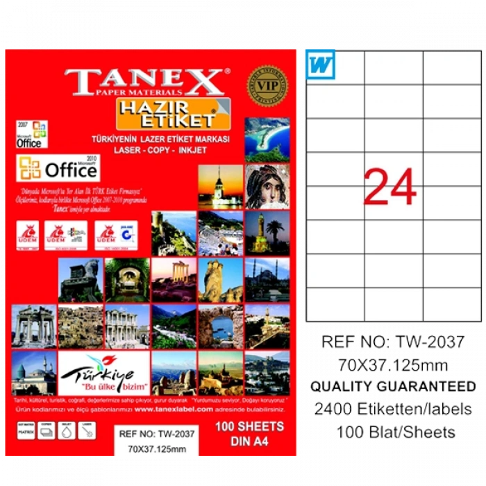 Tanex Laser Etiket 100 YP 70x37.125 Laser-Copy-Inkjet TW-2037