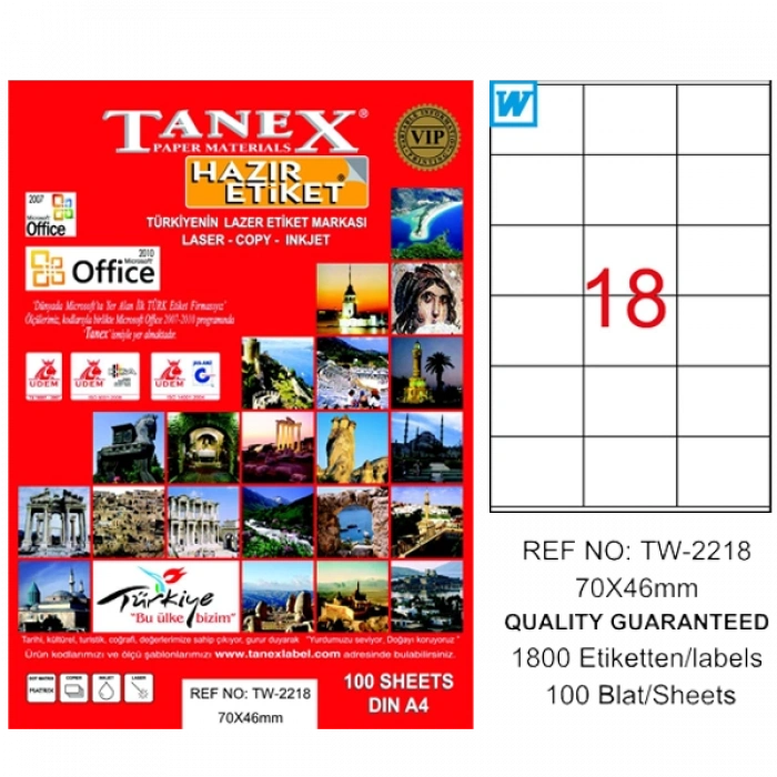 Tanex Laser Etiket 100 YP 70x46 Laser-Copy-Inkjet TW-2218