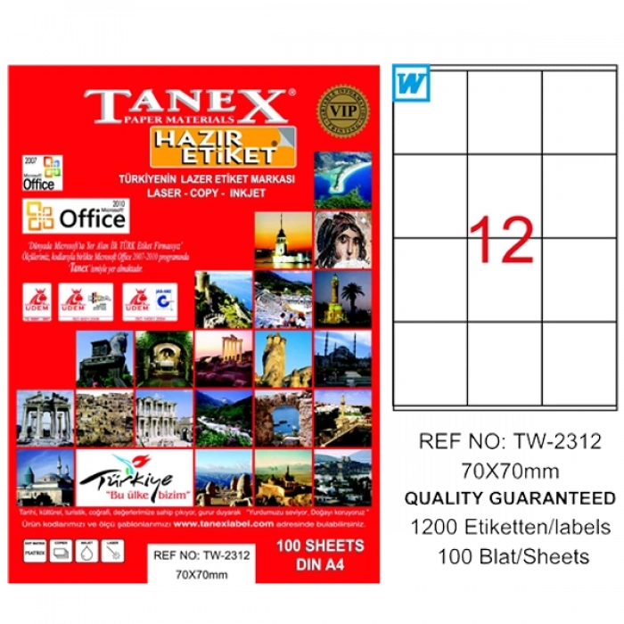 Tanex Laser Etiket 100 YP 70x70 Laser-Copy-Inkjet TW-2312