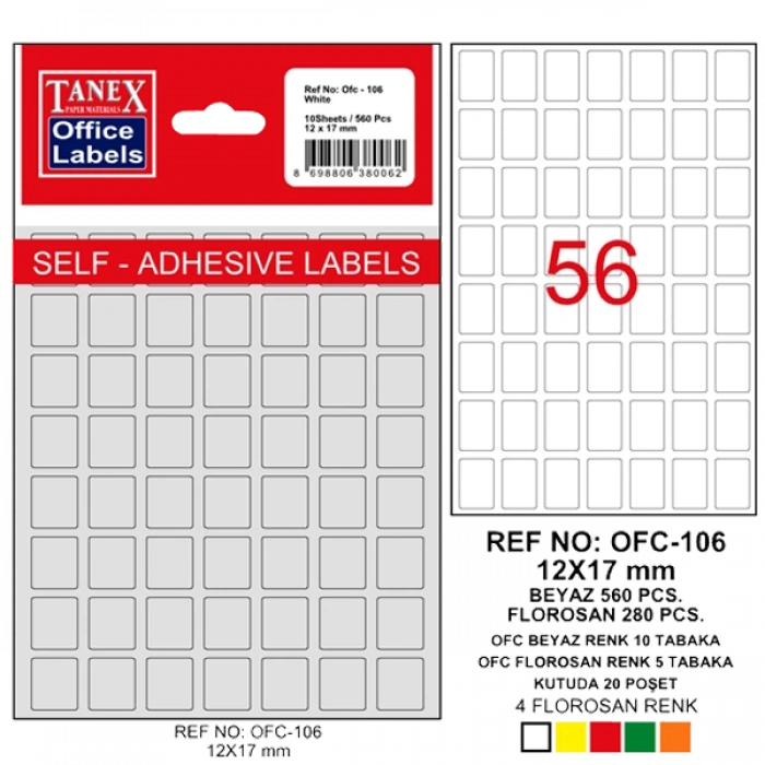 Tanex Ofis Etiketi Poşetli 12x17 MM Beyaz OFC-106