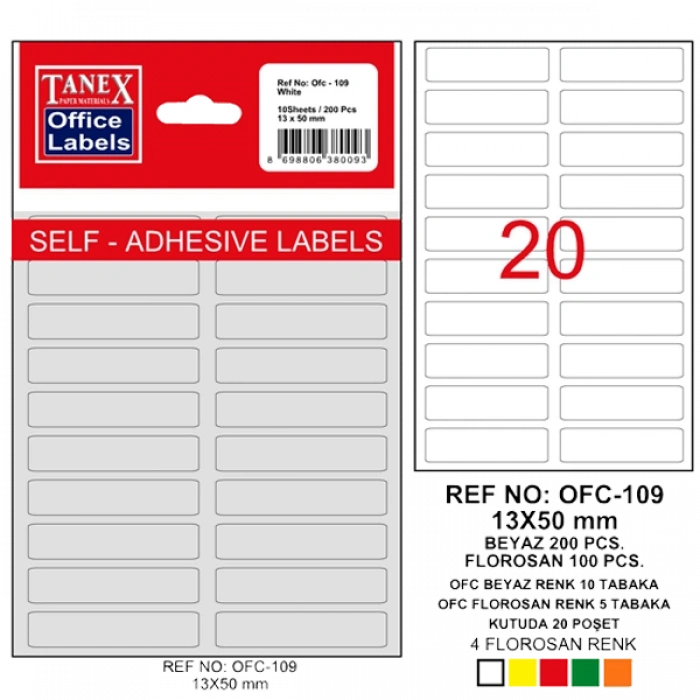 Tanex Ofis Etiketi Poşetli 13x50 MM Beyaz OFC-109